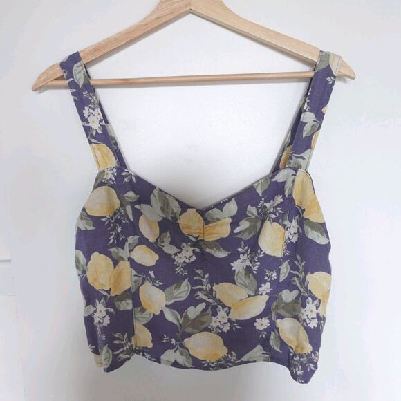 Abercrombie & Fitch Tank Top Womens Large Blue Lemon Linen Cropped Smocked - Picture 1 of 9